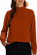 Women’s Mock Neck Chiffon Blouse | Long Sleeve Pleated Top