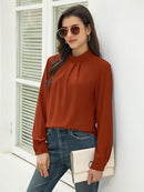 Women’s Mock Neck Chiffon Blouse | Long Sleeve Pleated Top