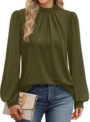 Women’s Mock Neck Long Sleeve Blouse | Pleated Front Top